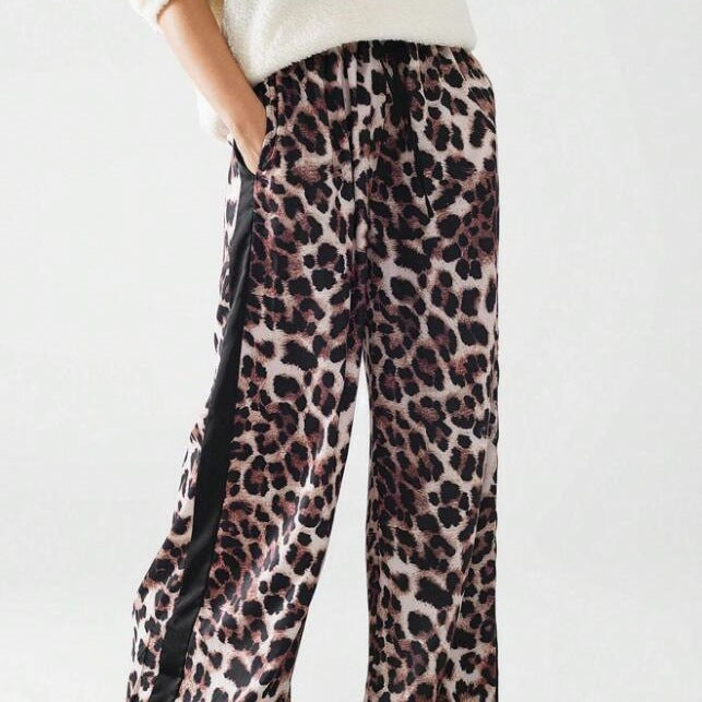 Damen weite Leinenhose mit modischem Leopardenmuster und kontrastierendem Streifen R&B