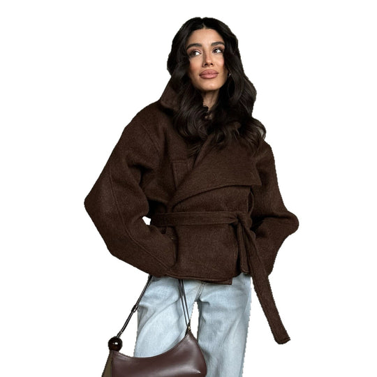 Damen Oversized Wolljacke mit Bindegürtel und lässigem Schnitt R&B