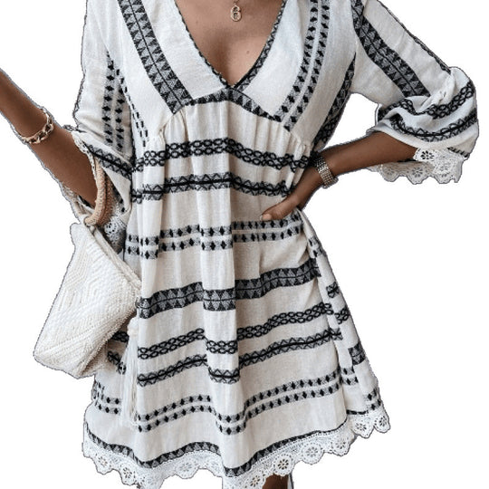 Damen Bohemian-Stil Schlagärmel Mini Kleid R&B