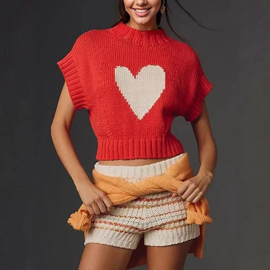 Damen lässiger Kurzarm Pullover mit Herzmotiv R&B