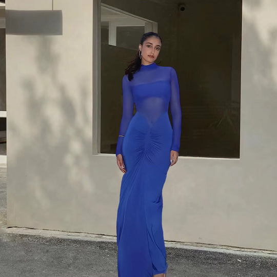 Damen Elegantes Maxikleid mit transparenten Ärmeln und raffinierter Drapierung R&B