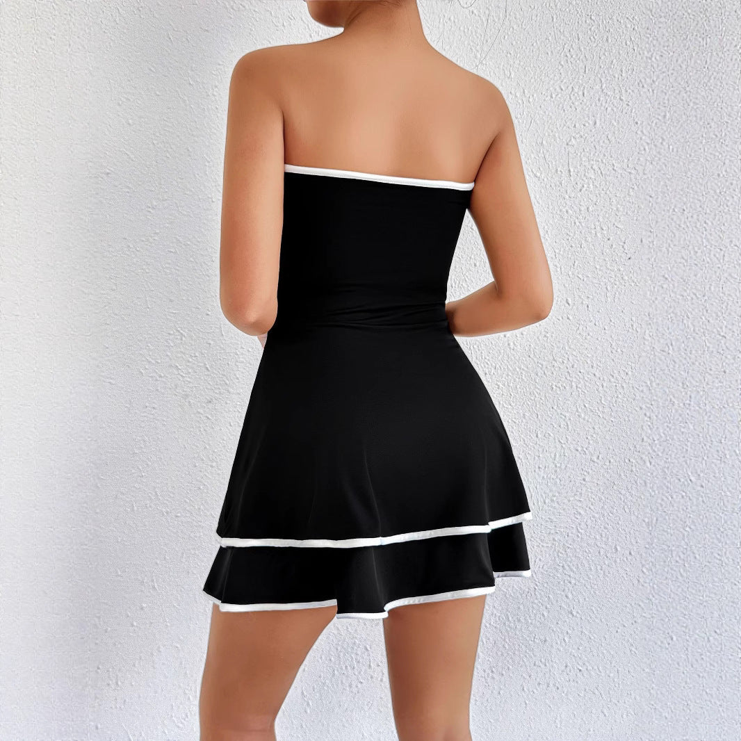 Damen kurzes trägerloses Kleid mit verspieltem Saum R&B