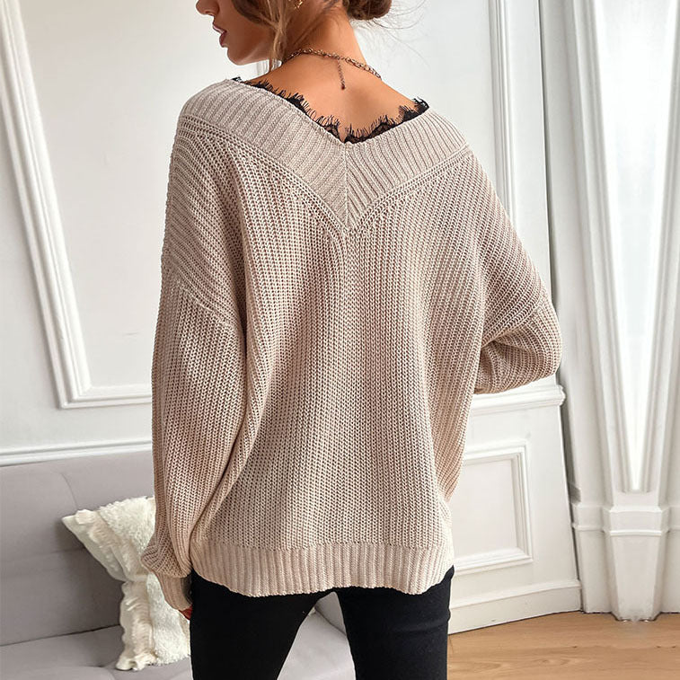Damen lässiges Strickoberteil mit modischem V-Ausschnitt und detailreicher Textur R&B