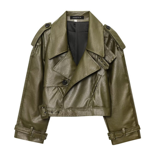 Damen Kunstleder Bikerjacke im modischem Cropped-Design mit taillierbarem Gürtel und dekorativen Knöpfen R&B
