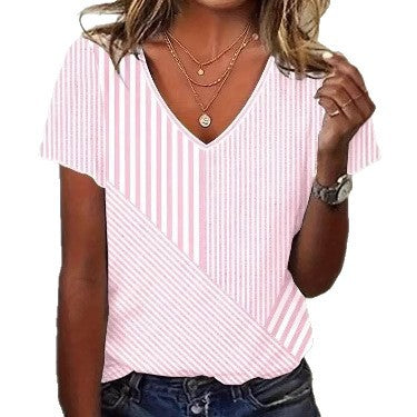 Damen V-Ausschnitt T-Shirt im modernen Streifen-Design Heidi-Mode