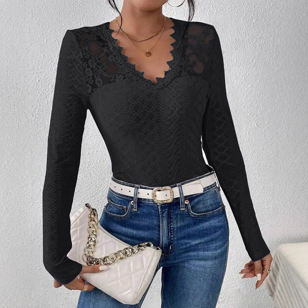 Damen nan figurbetontes Spitzen-Langarmshirt mit gezacktem V-Ausschnitt R&B