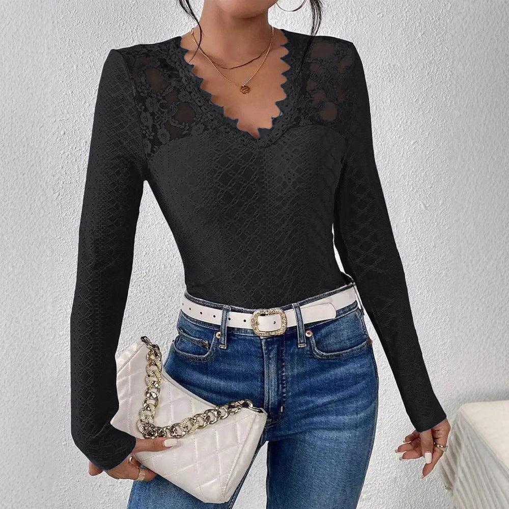 Damen nan figurbetontes Spitzen-Langarmshirt mit gezacktem V-Ausschnitt R&B