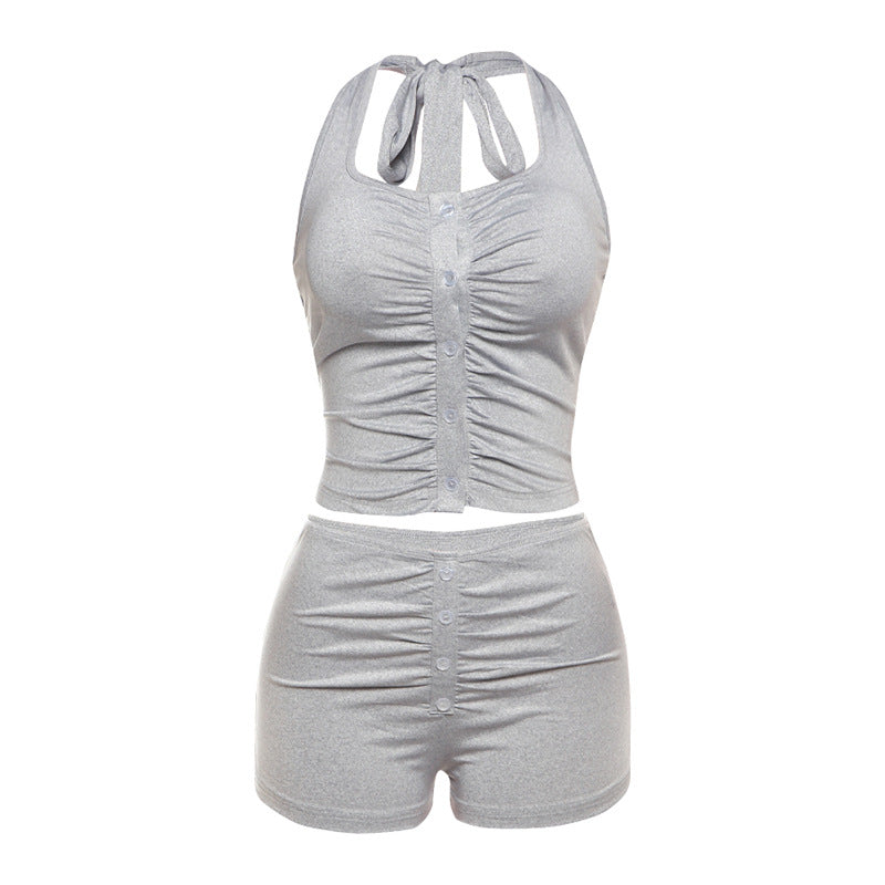 Damen Sportliches Zweiteiler-Set mit Knopfleiste und gerafftem Design R&B