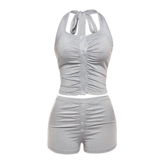 Damen Sportliches Zweiteiler-Set mit Knopfleiste und gerafftem Design R&B