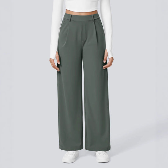 Damen nan hochgeschnittene Bundfaltenhose mit weitem Bein, Gürtelschlaufen und seitlichen Eingrifftaschen R&B