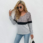 Damen V-Ausschnitt Sweatshirt mit Leopardenmuster und Kontrastband R&B