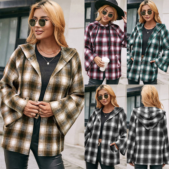 Damen Karo Overshirtjacke im lässigen Stil mit Kapuze und weiten Ärmeln R&B
