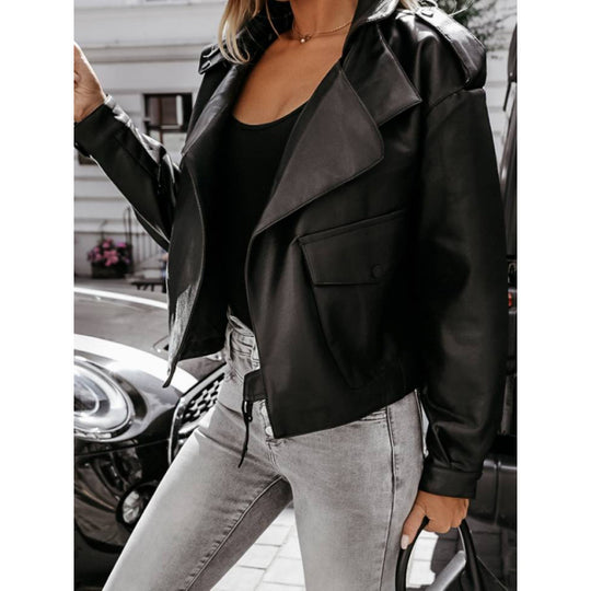 Damen Bikerjacke aus Kunstleder mit eleganter Schnalle und Taschen R&B