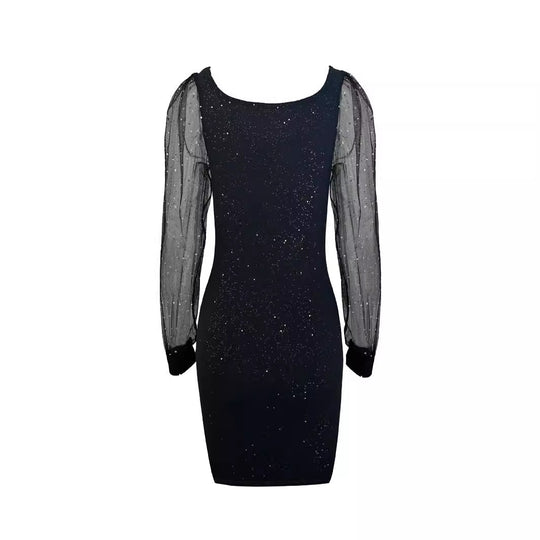 Damen figurbetontes Abendkleid mit transparenten Ärmel und funkelnden Details R&B