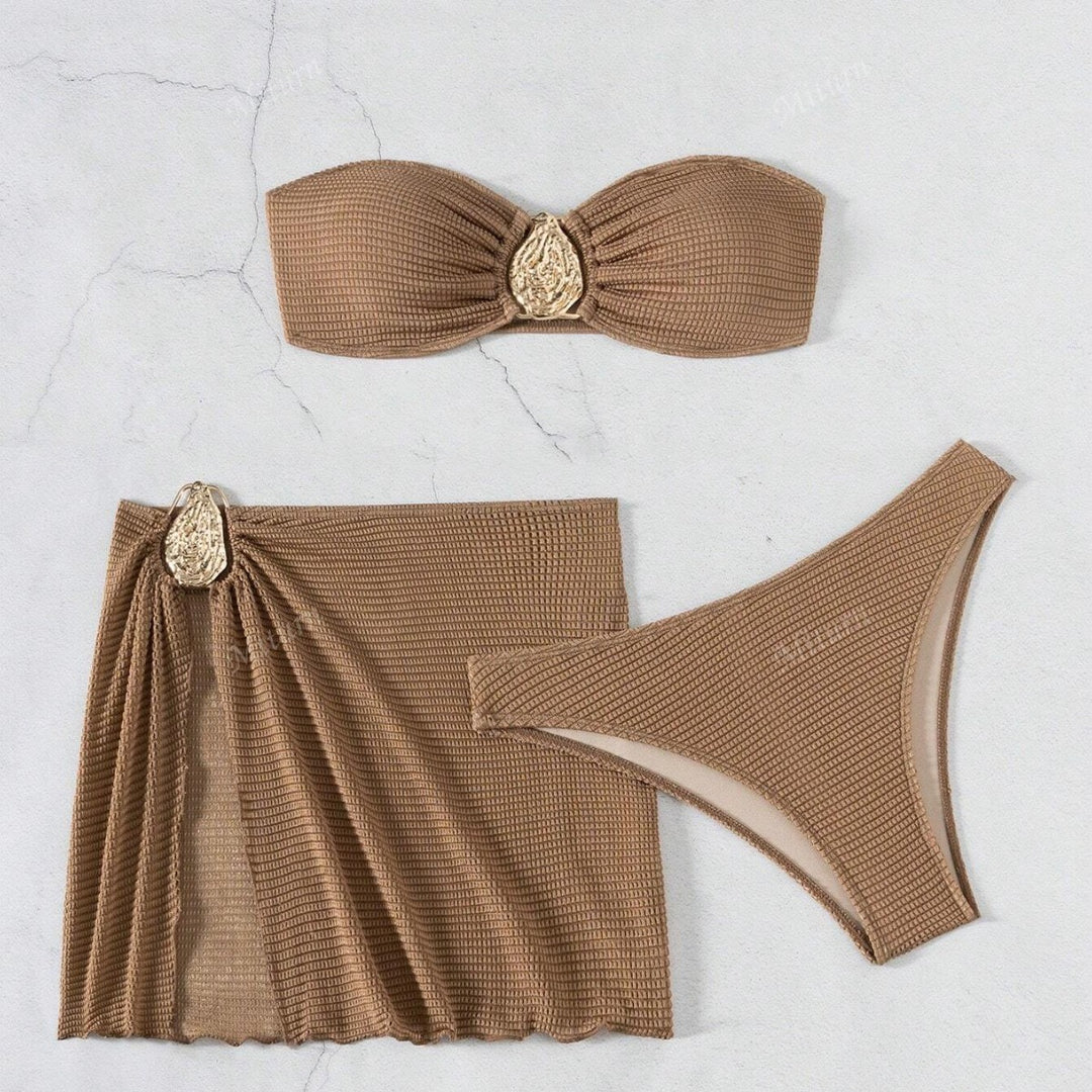 Damen Bikini-Set mit verziertem Wickelrock und elegantem Bandeau-Oberteil R&B