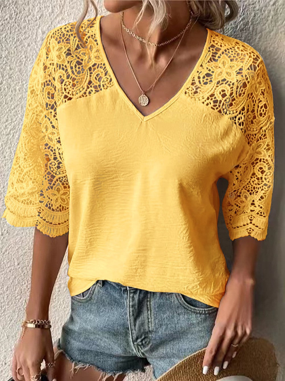 Damen nan V-Ausschnitt-Spitzenbluse mit ellbogenlangen Häkelärmeln und leichtem Crêpe-Gewebe R&B