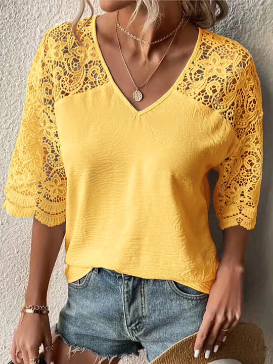 Damen nan V-Ausschnitt-Spitzenbluse mit ellbogenlangen Häkelärmeln und leichtem Crêpe-Gewebe R&B