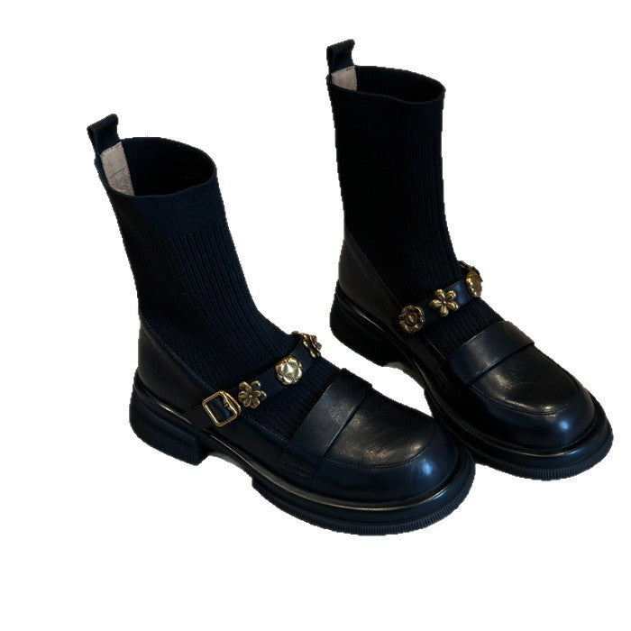 Damen Elegante Ankle Boots mit modischem Strickschaft und dekorativen Schnallen R&B