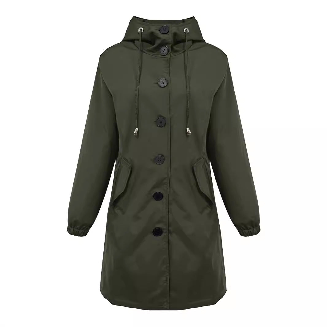 Damen nan leichter Regenparka mit Kapuze, überlanger Knopfleiste, Tunnelzug und aufgesetzten Taschen R&B