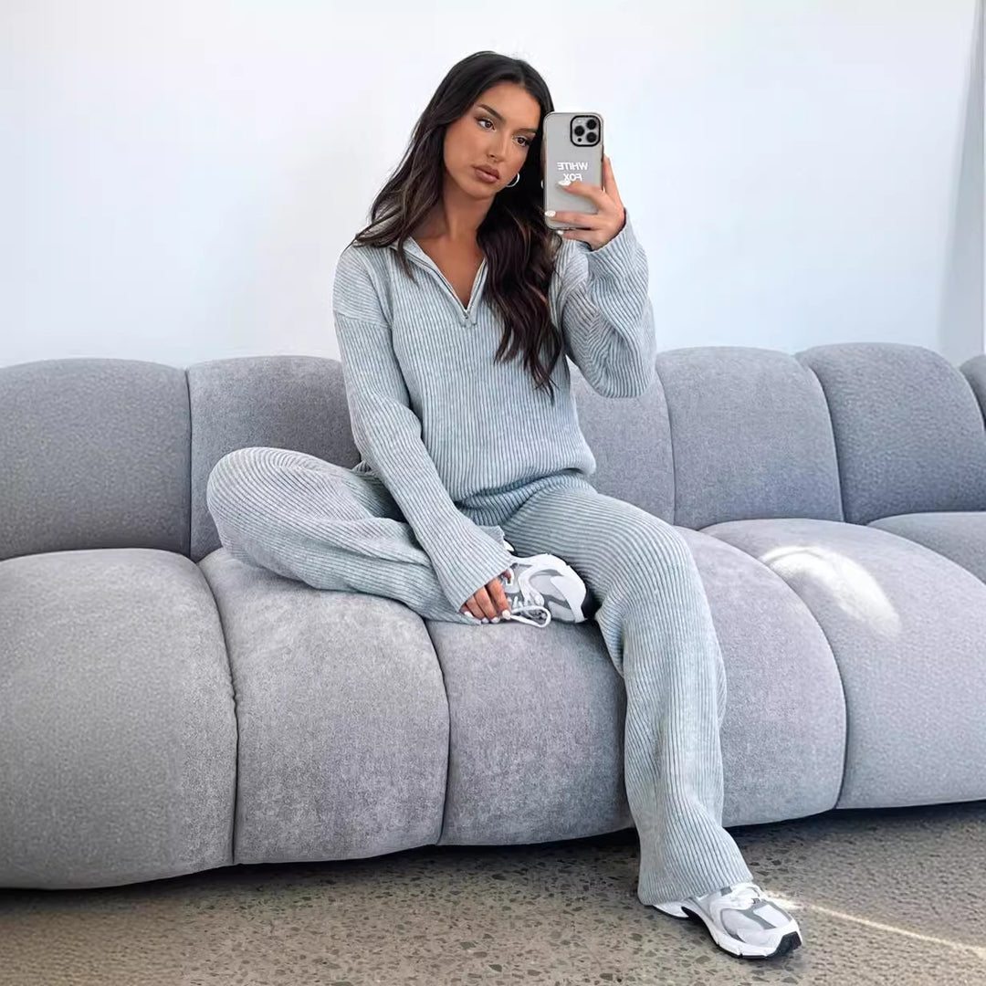 Damen lässiges Strickensemble mit hohem Kragen und seitlichem Reißverschluss R&B