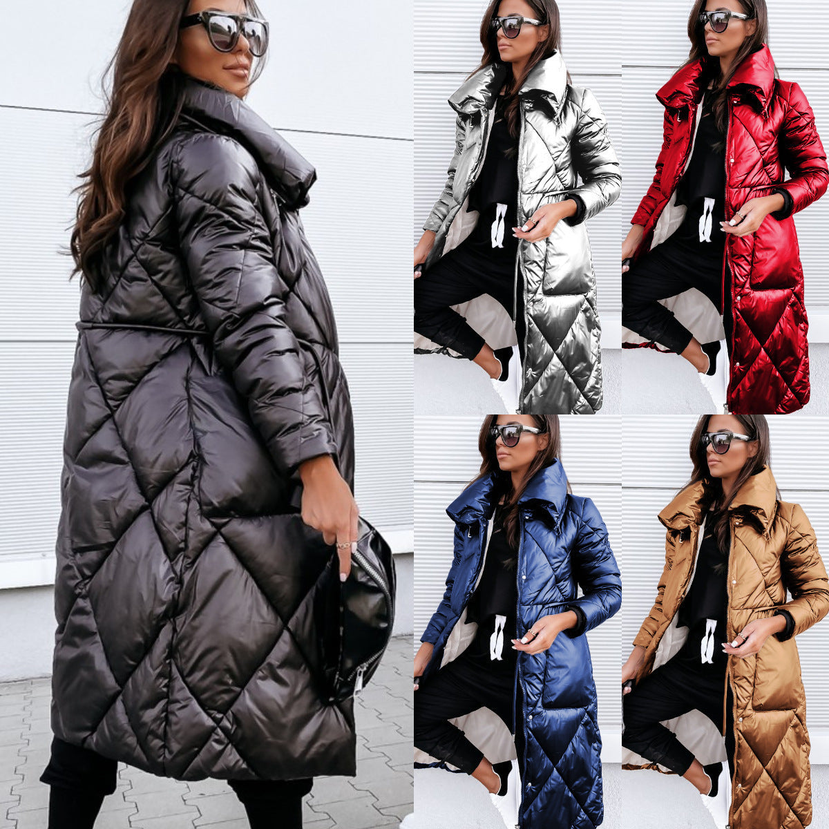 Lange Steppjacke Damen mit hohem Kragen