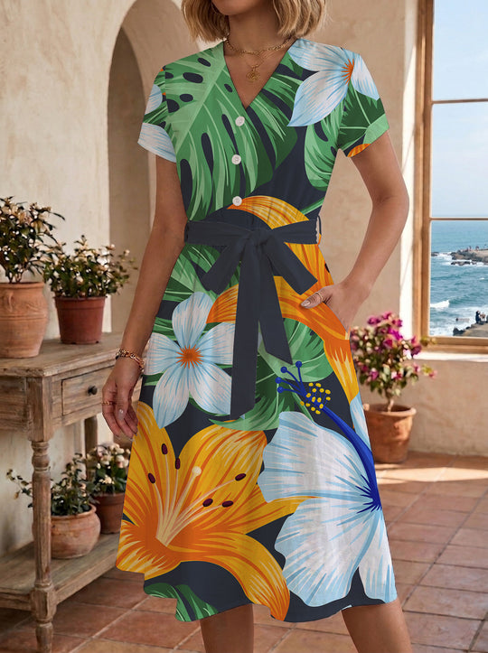 Damen Midi-Kleid mit floralem Design und bequemer Passform R&B