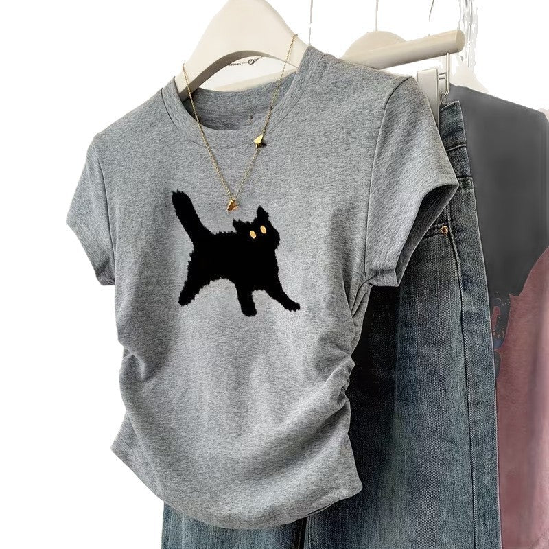 Damen T-Shirt mit kreativem Katzenmotiv und lässigem Schnitt R&B