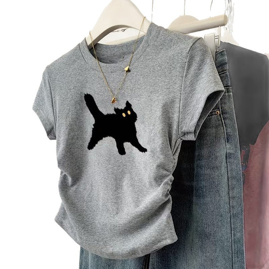 Damen T-Shirt mit kreativem Katzenmotiv und lässigem Schnitt R&B