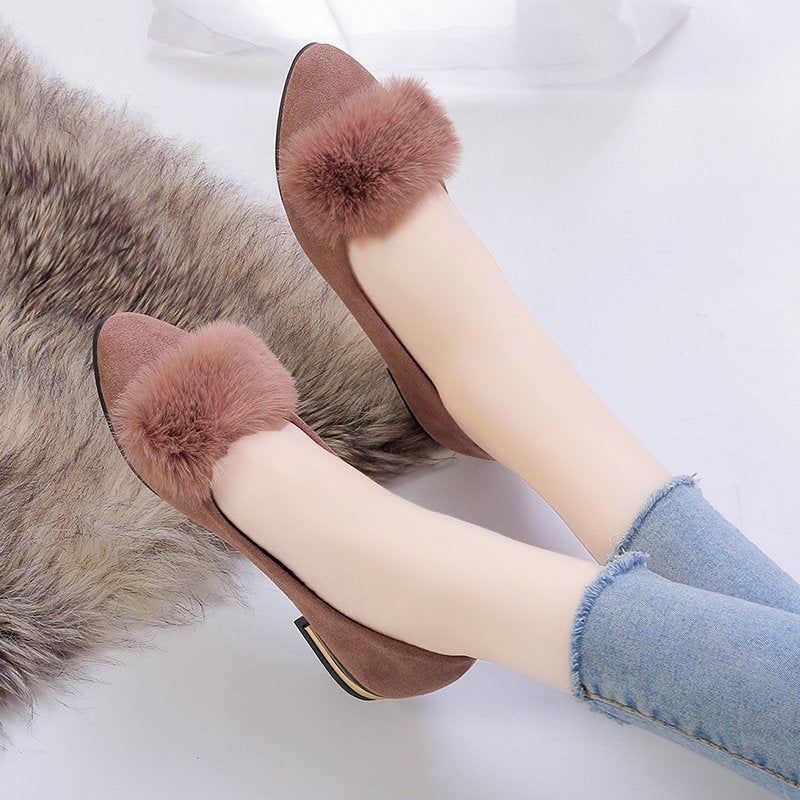 Damen elegante Ballerinas mit samtiger Oberfläche und dekorativem Pelzbesatz R&B