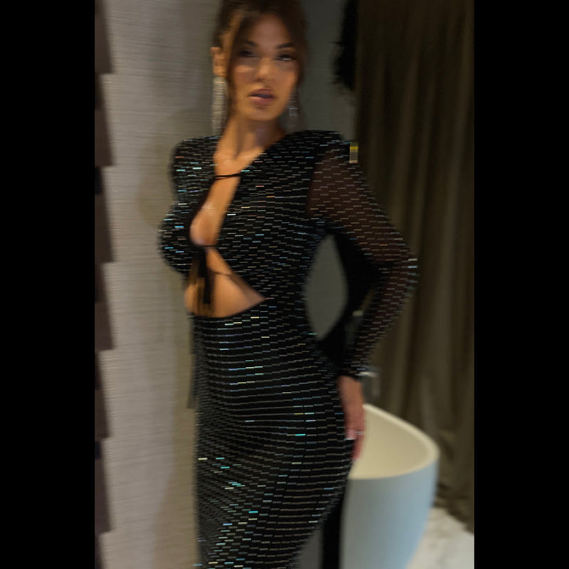 Damen Elegantes Maxikleid mit transparenten Ärmeln und Rüschendetails R&B