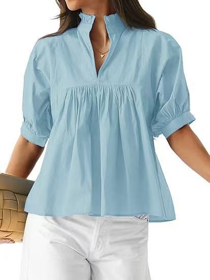 Damen elegante kurzärmlige Bluse mit Rüschendetails und lässigem Schnitt R&B