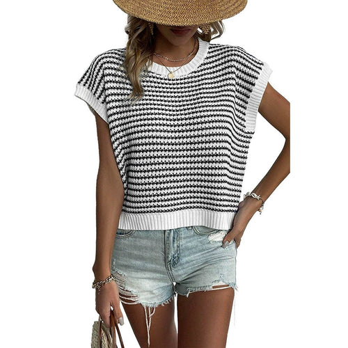 Damen lässiges Strickoberteil mit kurzen Ärmeln und strukturiertem Design R&B