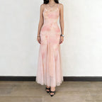 Damen elegantes Maxikleid aus transparenter Spitze und floralem Design R&B
