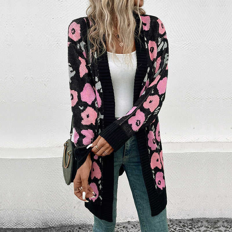 Damen Strickjacke mit floralem Muster und offenem Schnitt