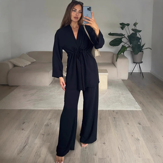 Damen Kimono-Style Lounge-Hose mit Wickeloberteil R&B