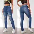 Damen Ripped Skinny Jeans mit modischen Leoparden-Applikationen R&B