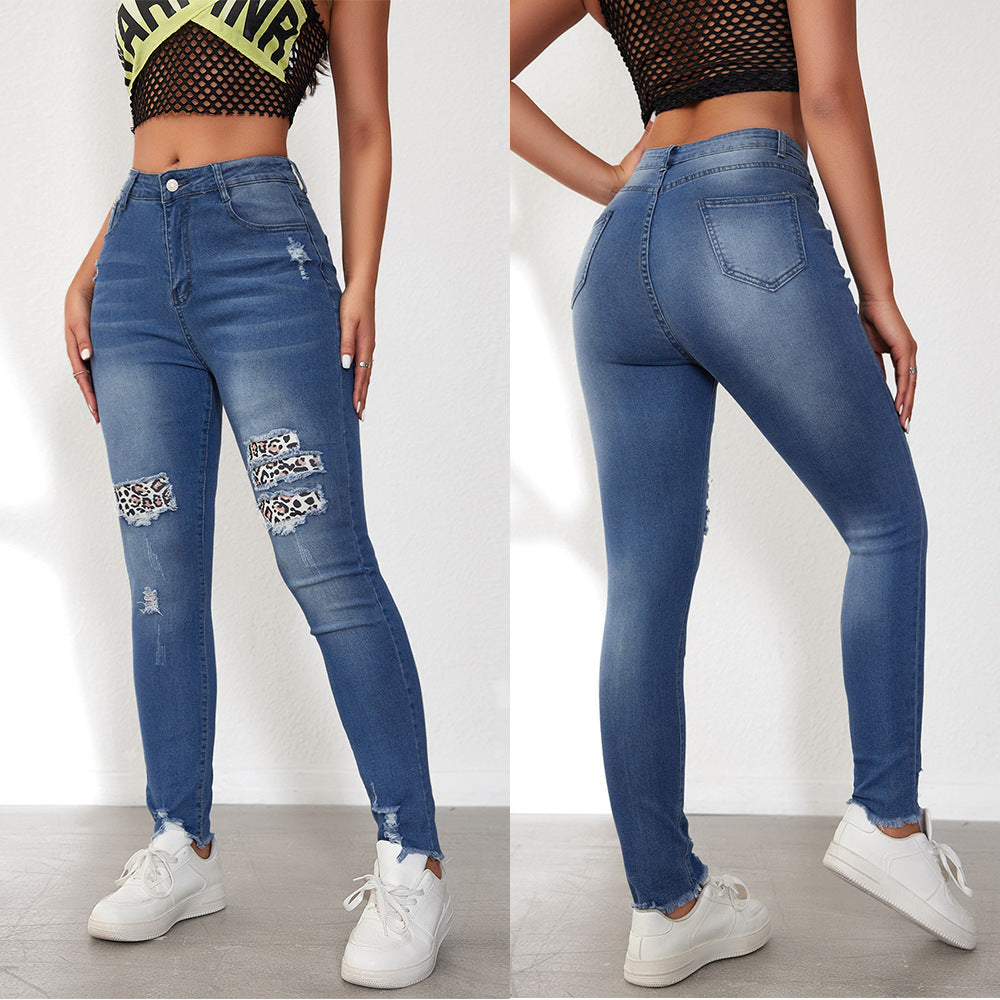 Damen Ripped Skinny Jeans mit modischen Leoparden-Applikationen R&B