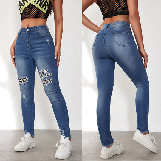 Damen Ripped Skinny Jeans mit modischen Leoparden-Applikationen R&B