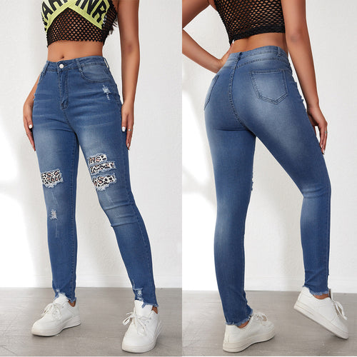 Damen Ripped Skinny Jeans mit modischen Leoparden-Applikationen R&B