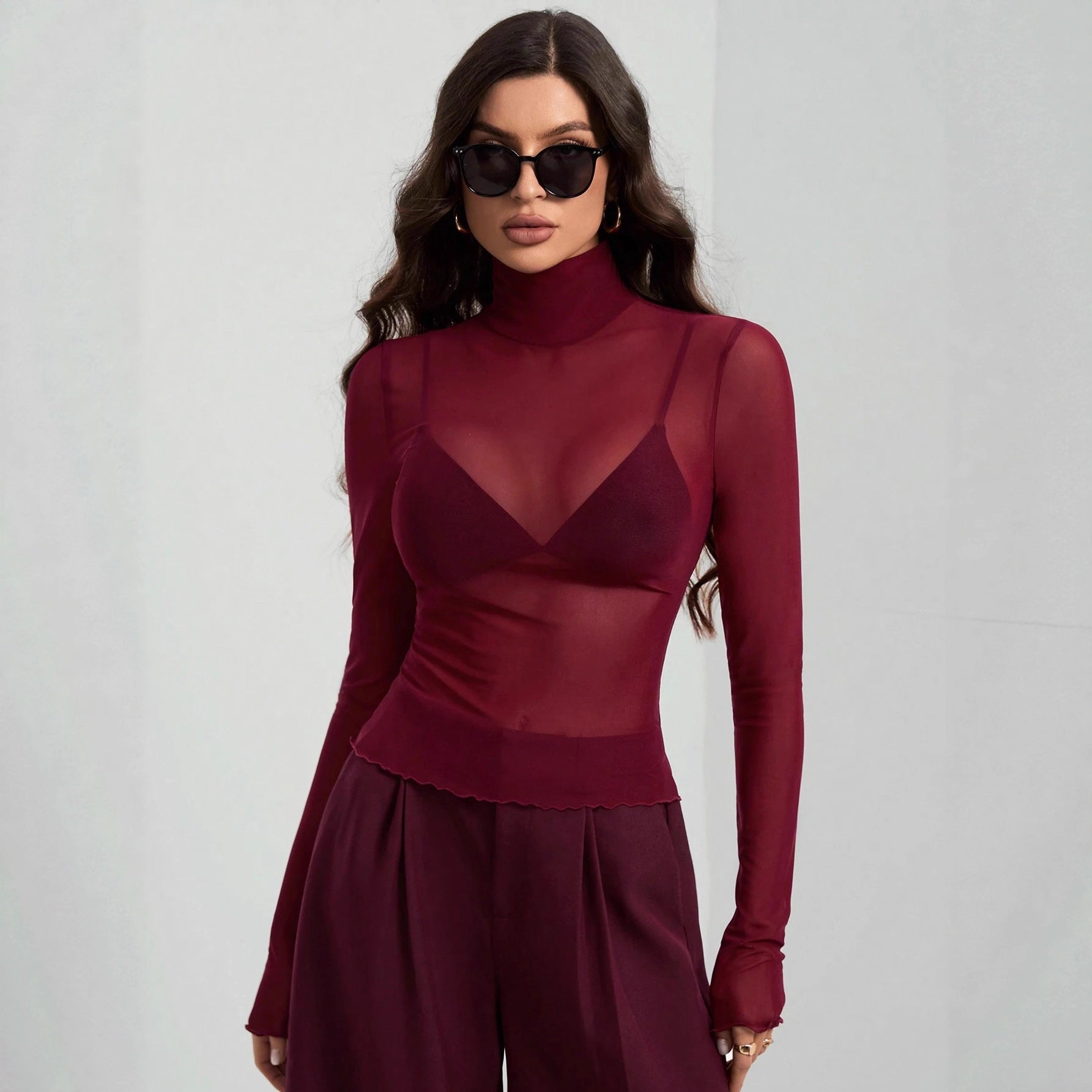 Damen nan feines transparentes Mesh-Langarmtop mit Rollkragen und figurbetonter Passform R&B