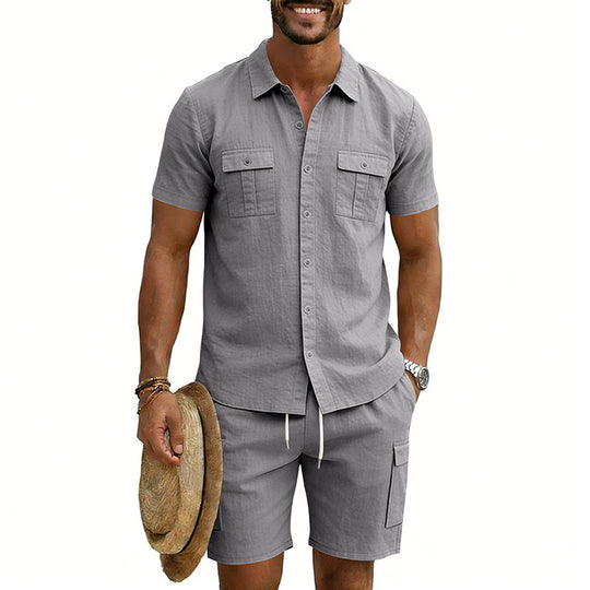Herren nan sommerliches Freizeitset aus Baumwoll-Leinenmix mit Kurzarm-Hemd und Cargo-Shorts R&B