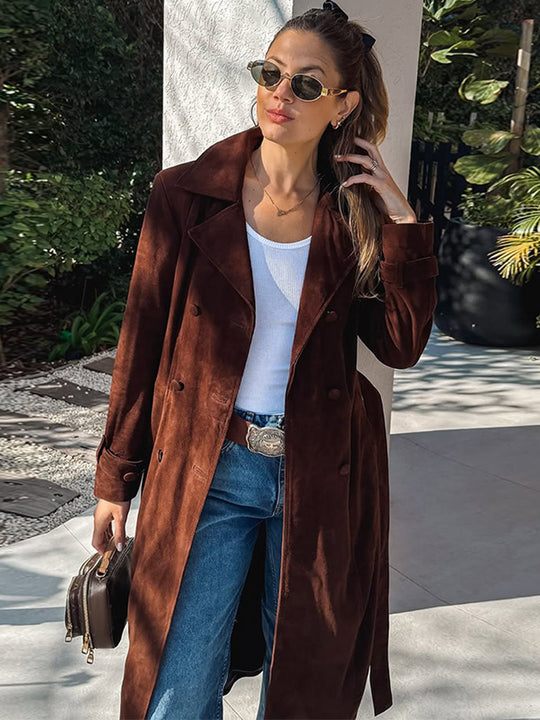 Damen Elegante Langzeit-Trenchcoat aus weichem Wildleder R&B