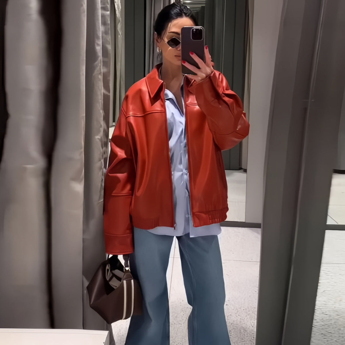 Damen oversized Kunstlederjacke mit lässigem Schnitt R&B