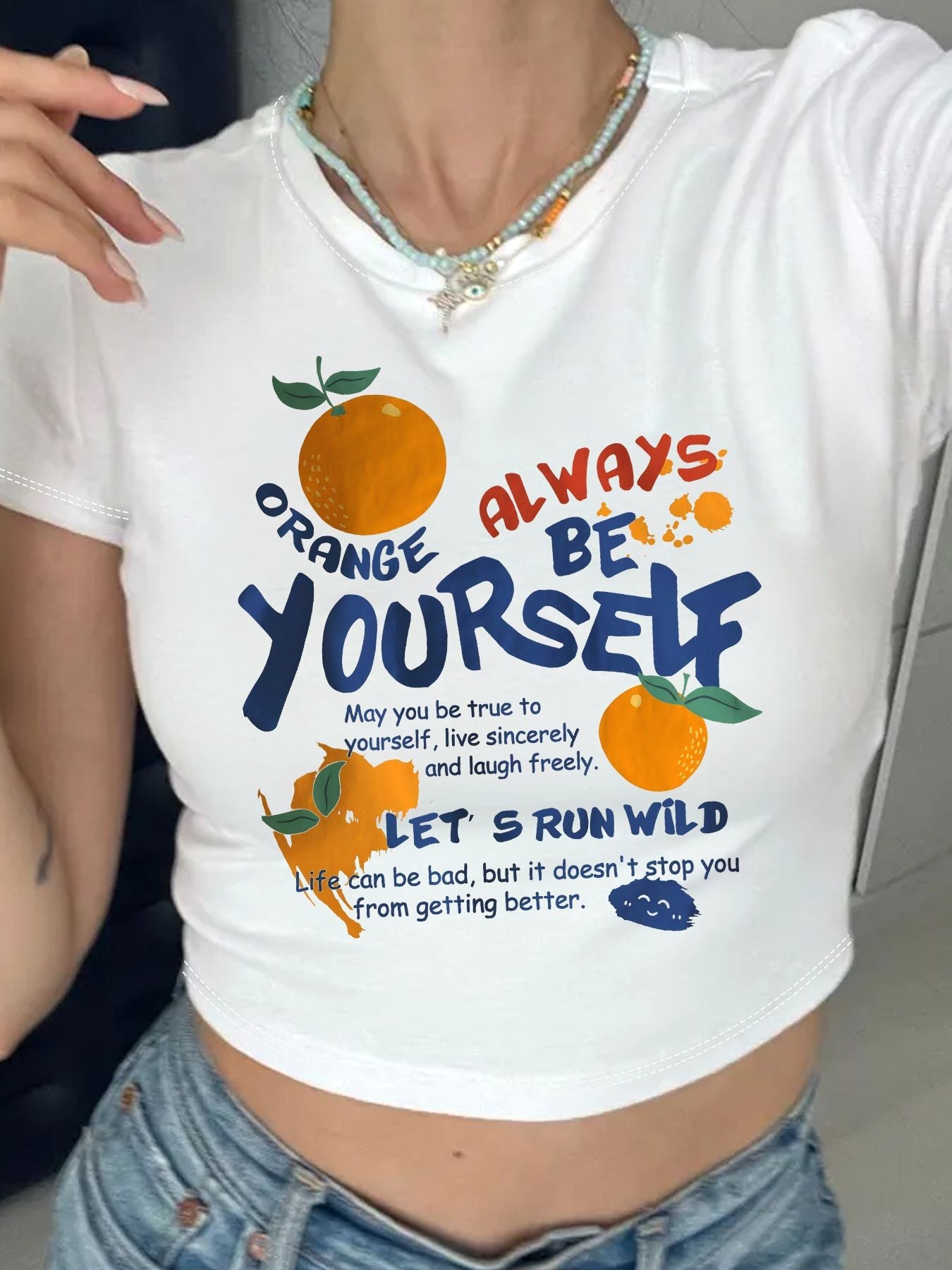 Damen Crop-T-Shirt mit inspirierendem Schriftzug und fröhlichem Obstmotiv R&B