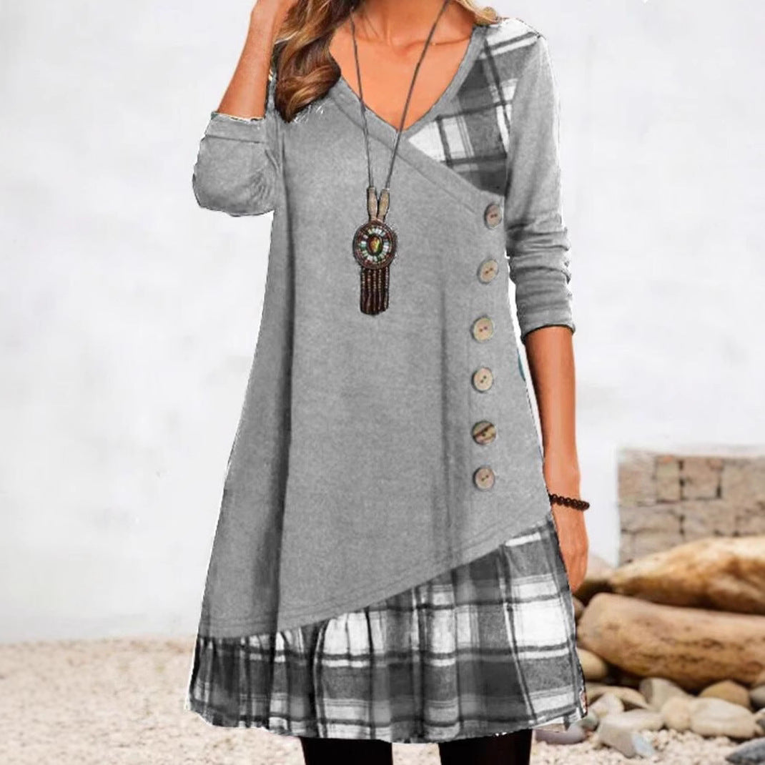 Damen nan asymmetrisches V-Ausschnitt-Tunika-Kleid mit Zierknopfleiste und Animalprint-Besatz R&B