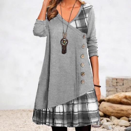 Damen nan asymmetrisches V-Ausschnitt-Tunika-Kleid mit Zierknopfleiste und Animalprint-Besatz R&B