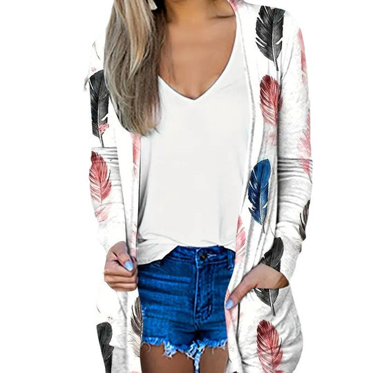 Damen Langer Cardigan mit floralem Muster und praktischen Taschen R&B