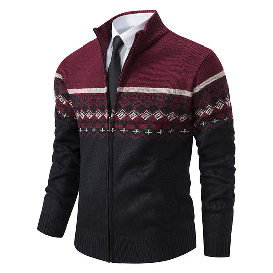 Herren Strickjacke mit Stehkragen und Norweger-Muster R&B