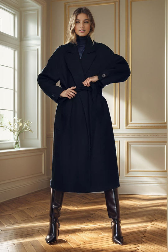 Damen eleganter langer Mantel mit breitem Revers und Gürtel R&B