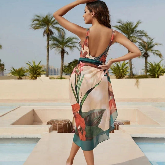 Damen Eleganter Wickel-Badeanzug mit floralen Designs und passendem Überrock R&B
